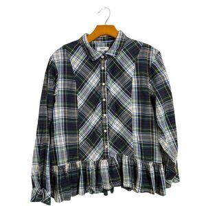 Kensie Jeans Blue/Green Tartan Plaid Peplum Hem Long Sleeve Shirt‎